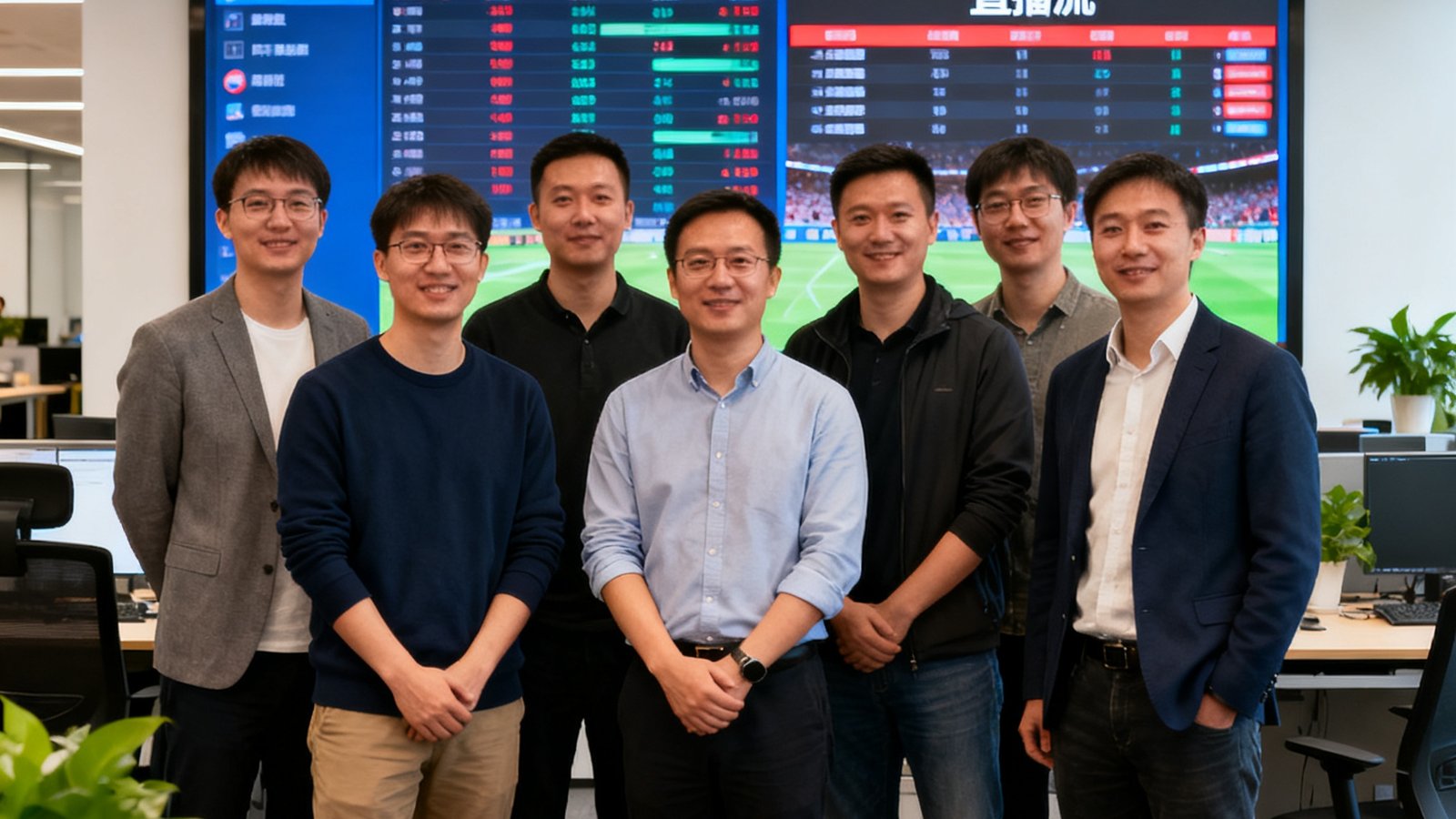 足球吧创始团队与数据工程师合照，办公室背景大屏上显示实时英超数据与直播流