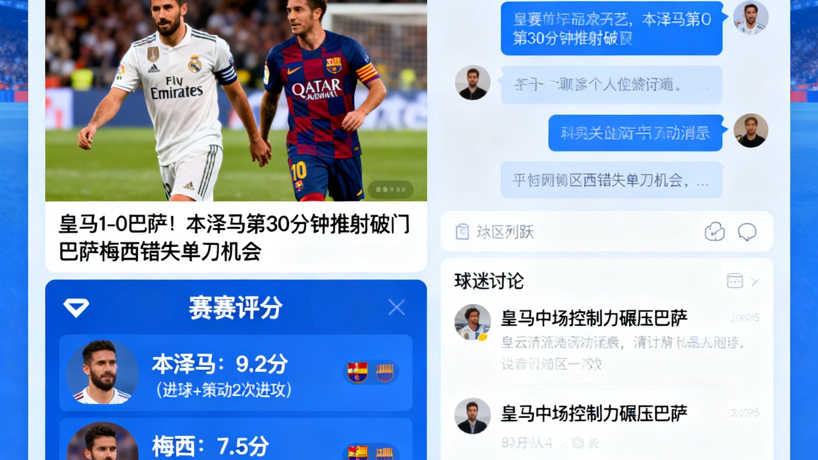 足球吧球迷社区界面显示比赛直播间聊天室滚动消息、赛后球员评分以及球迷讨论皇马巴萨的帖子